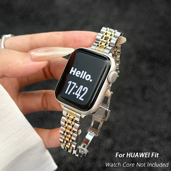 A hand holds a stainless steel watch with a digital display showing 17:42, designed for Huawei Fit trackers.