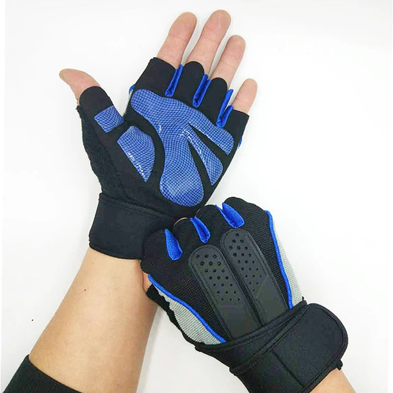 Fingerless weightlifting gloves in black and blue with wrist support shown on a hand.