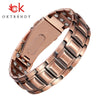 A close-up view of a rose gold copper bracelet with a textured metal band and a rectangular buckle.