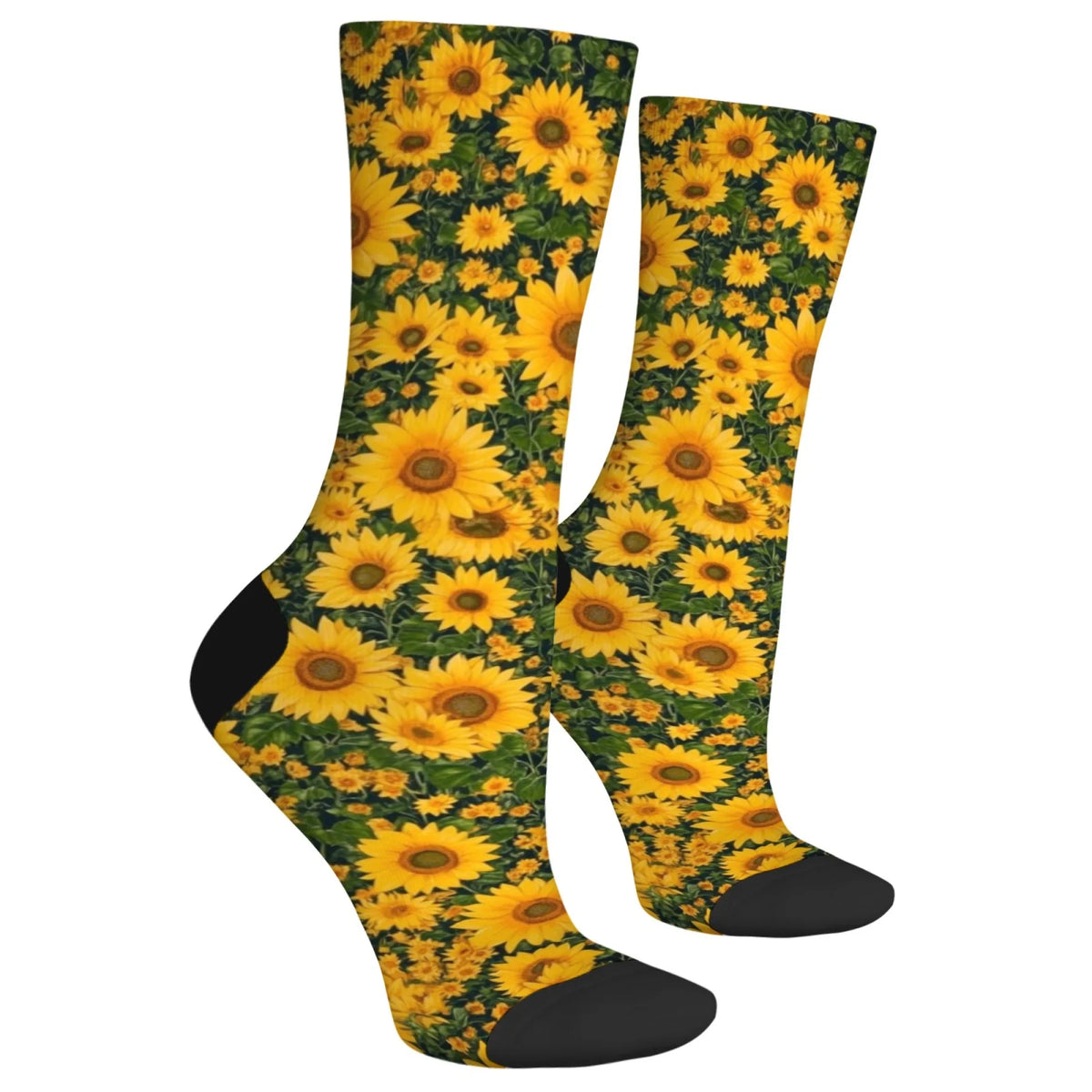 A pair of breathable crew socks featuring a vibrant yellow and green sunflower print.