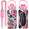 Pink insulated water bottle cover with adjustable strap featuring a floral pattern.