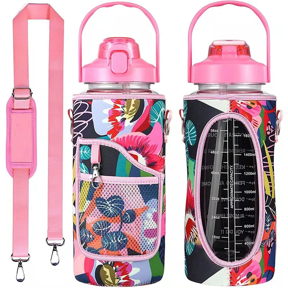 Pink insulated water bottle cover with adjustable strap featuring a floral pattern.