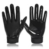 A pair of black full finger sports training gloves shown against a white background.