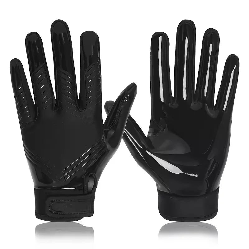 A pair of black full finger sports training gloves shown against a white background.