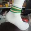 White ankle socks with horizontal green and yellow stripes