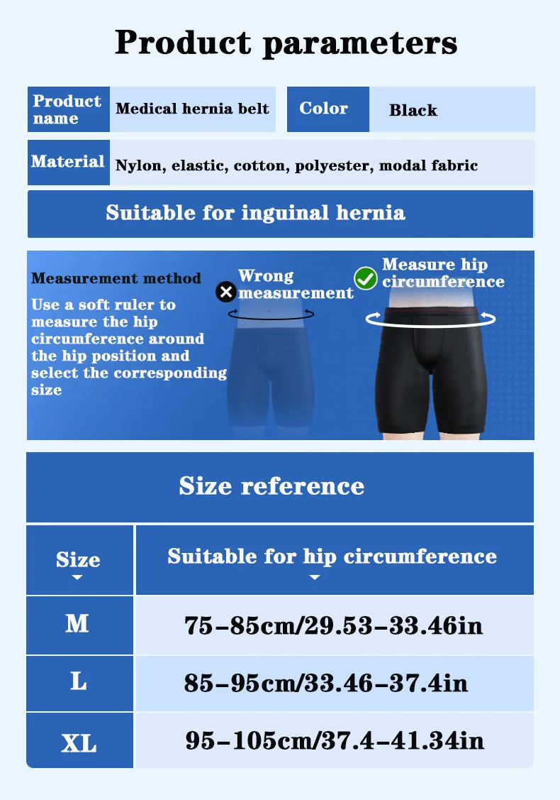 Black medical hernia belt with nylon, elastic, cotton, polyester, and modal fabric materials for inguinal hernia support.
