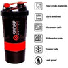 Black and red leak-proof protein shaker bottle with a pill tray shown from the side.