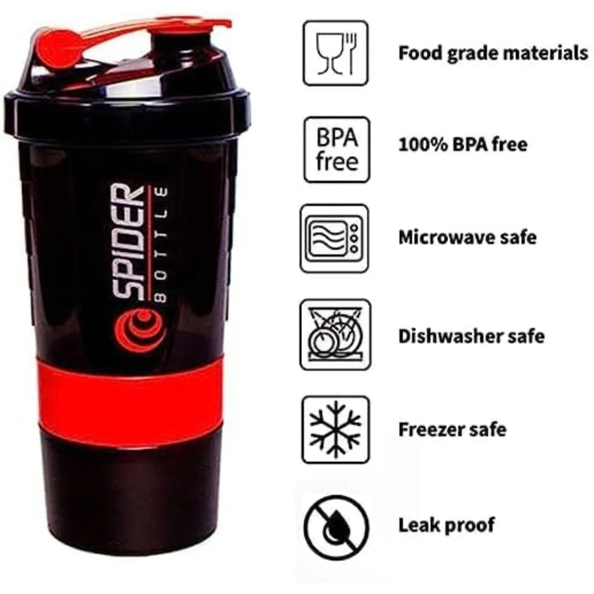 Black and red leak-proof protein shaker bottle with a pill tray shown from the side.