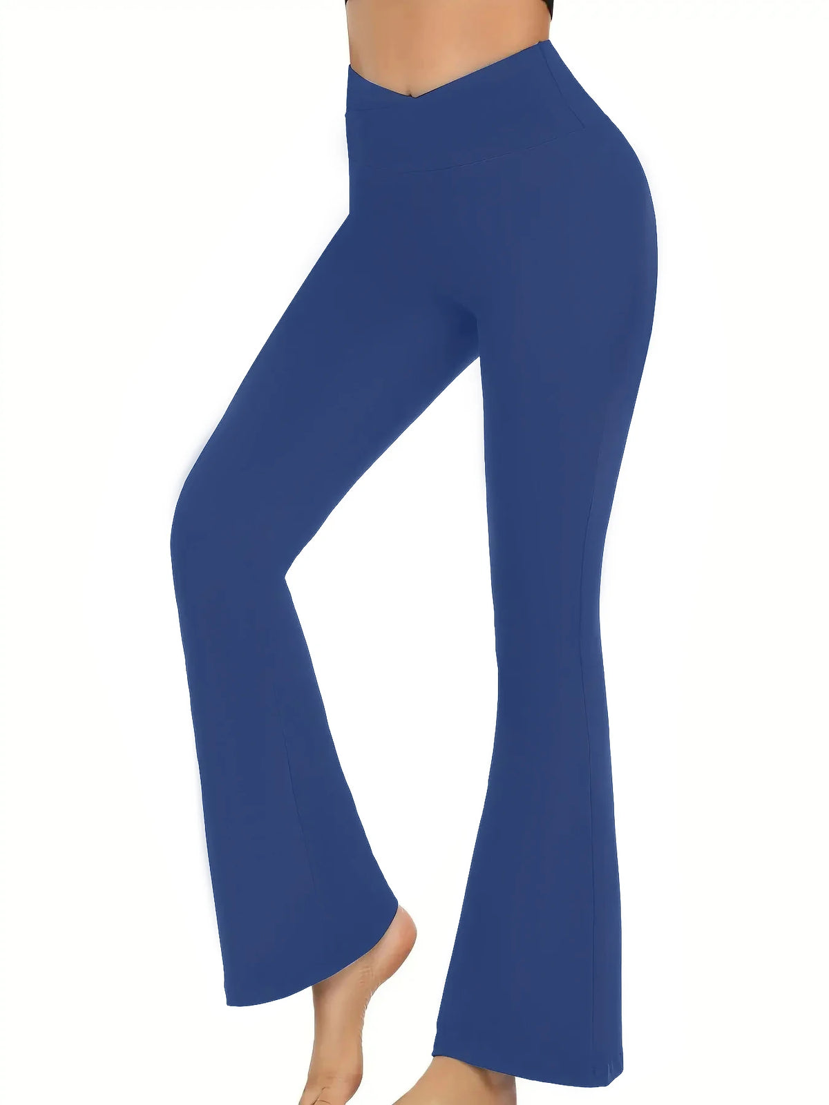 A person is wearing royal blue high-waist crossover flare leggings.
