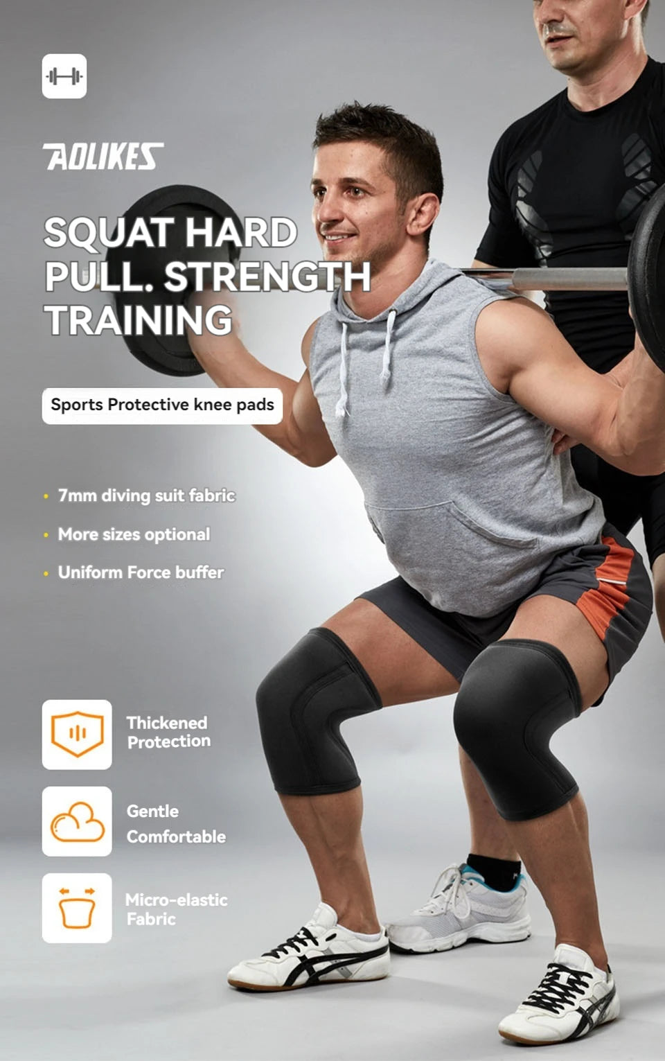 A man performing a squat with black knee sleeves and a barbell, demonstrating strength training equipment.