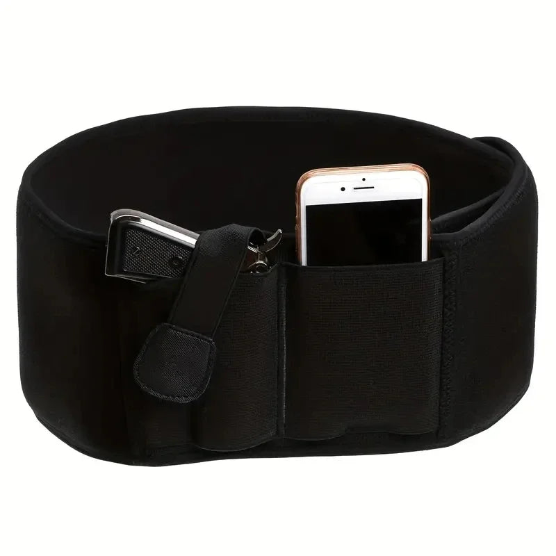 Ceinture tactique noire pour port dissimulé, avec emplacement pour smartphone.