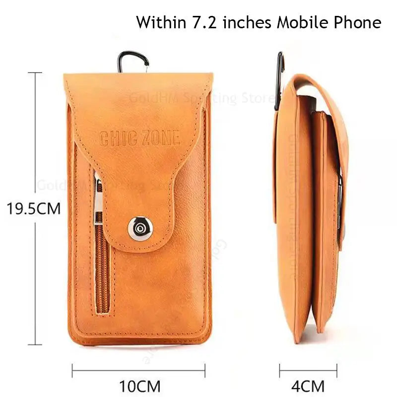 Bolsa de cintura plegable de cuero marrón diseñada para llevar un teléfono móvil.
