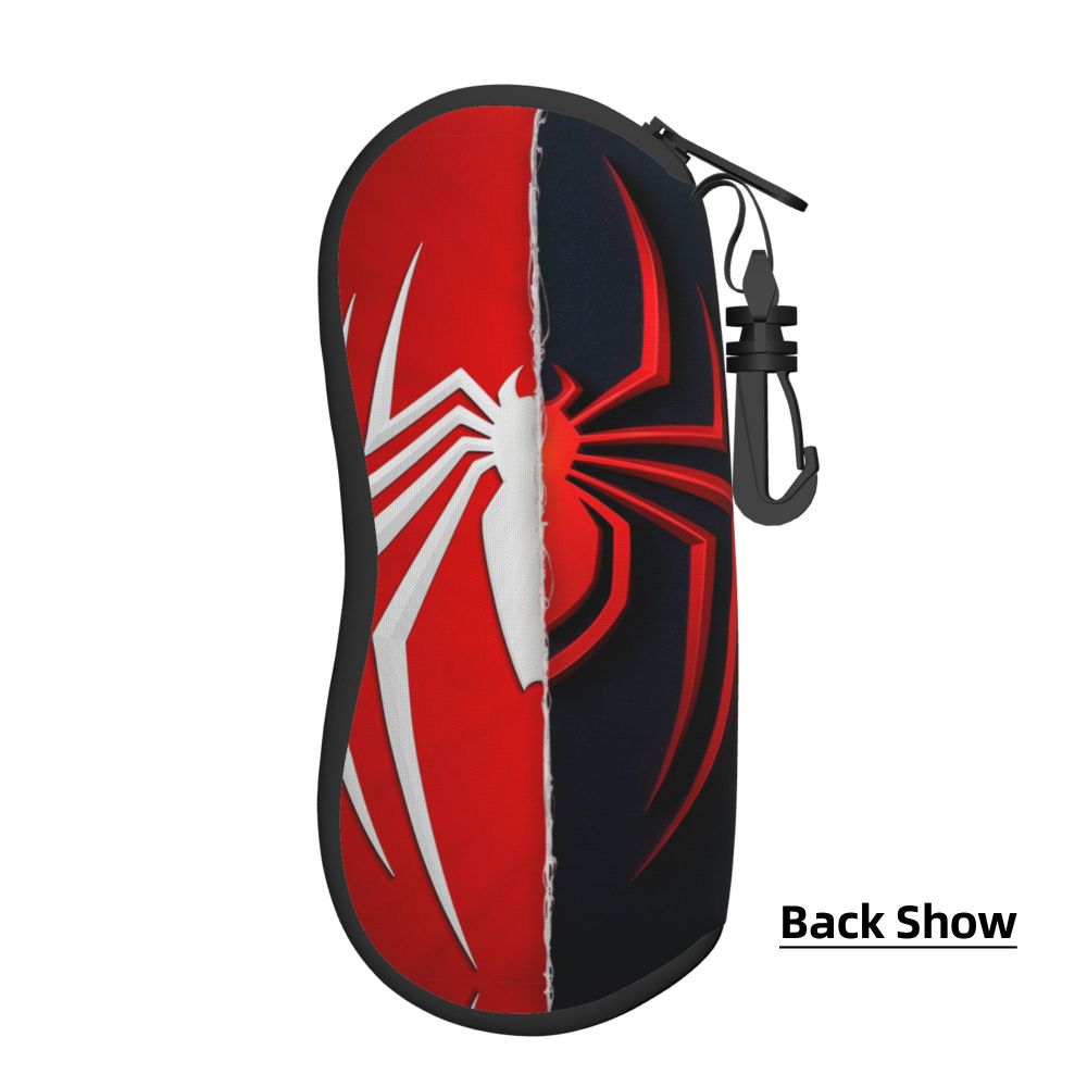 A black pouch featuring a red and blue Spider-Man design with a white spider web pattern.