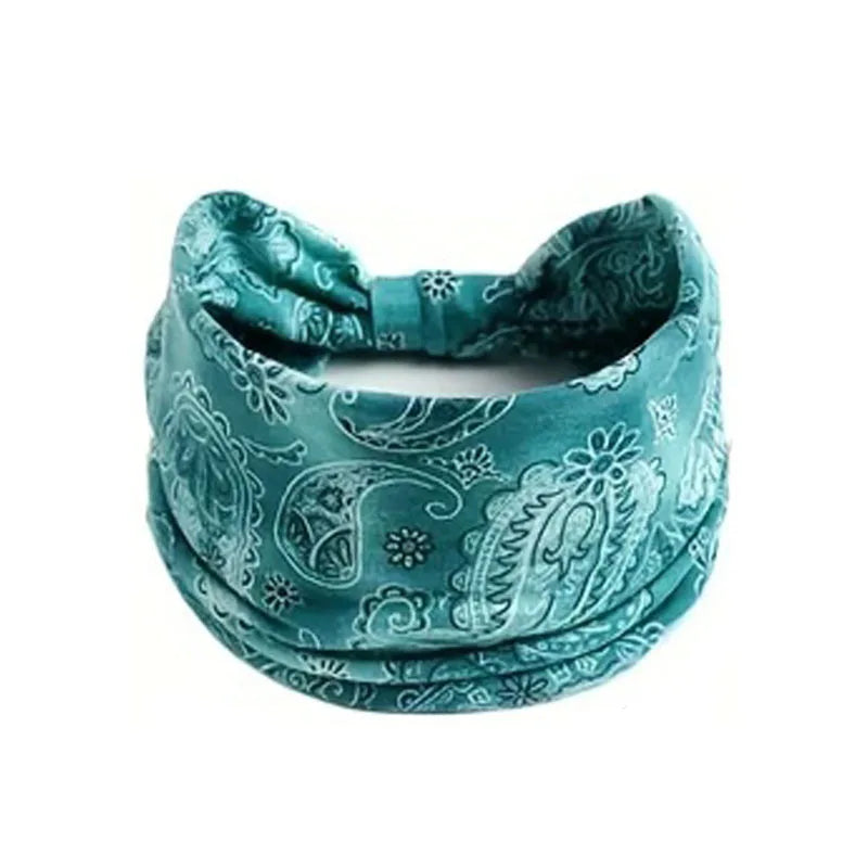 Türkis gemusterte Boho-Stretch-Haarbandana mit elastischem Band