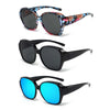 A set of three wrap-around sunglasses in various colors and styles.