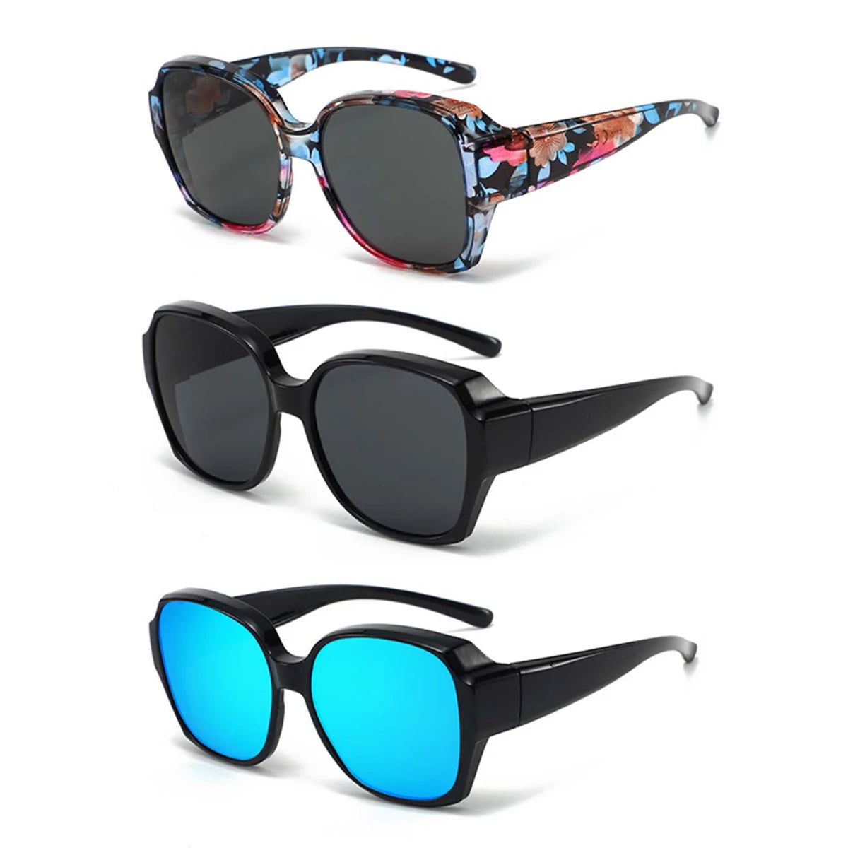 A set of three wrap-around sunglasses in various colors and styles.