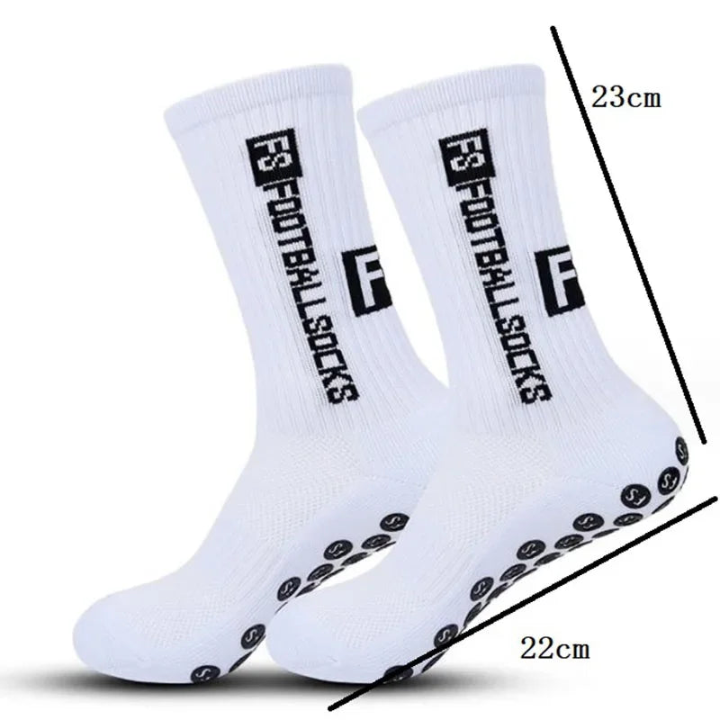 Paar weiße Knielange Sportsocken für Fußball und Aktivität mit Maßen dargestellt.