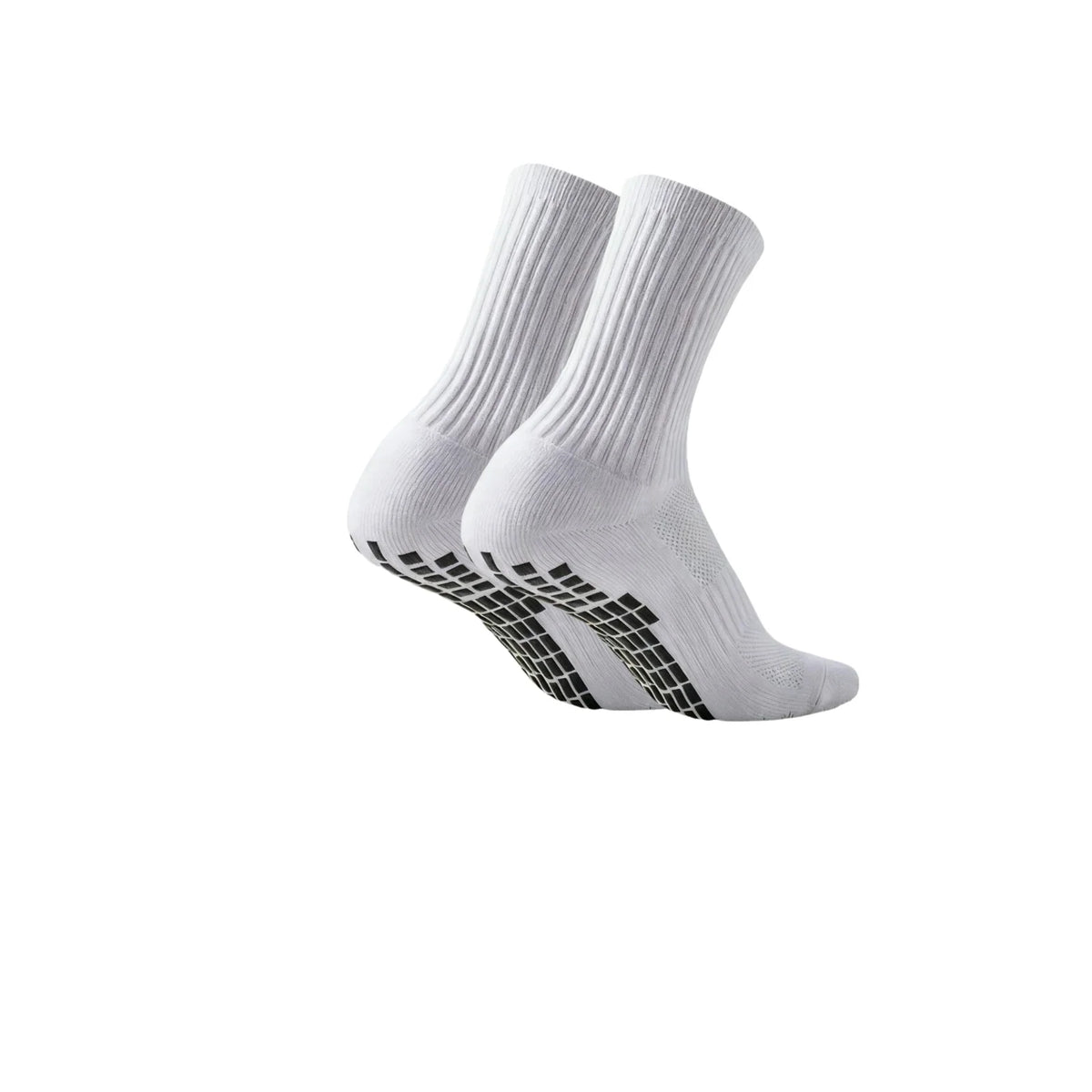 Chaussettes de football avec grip silicone antidérapant blanches, vues de côté.