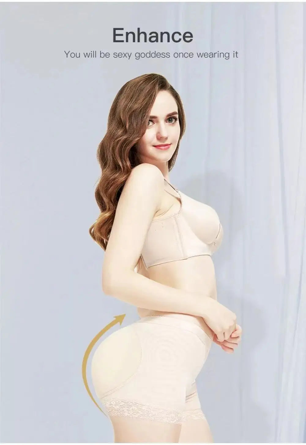 Une femme modélise un sous-vêtement de maintien sans couture, de couleur beige clair, montrant sa coupe et son design.
