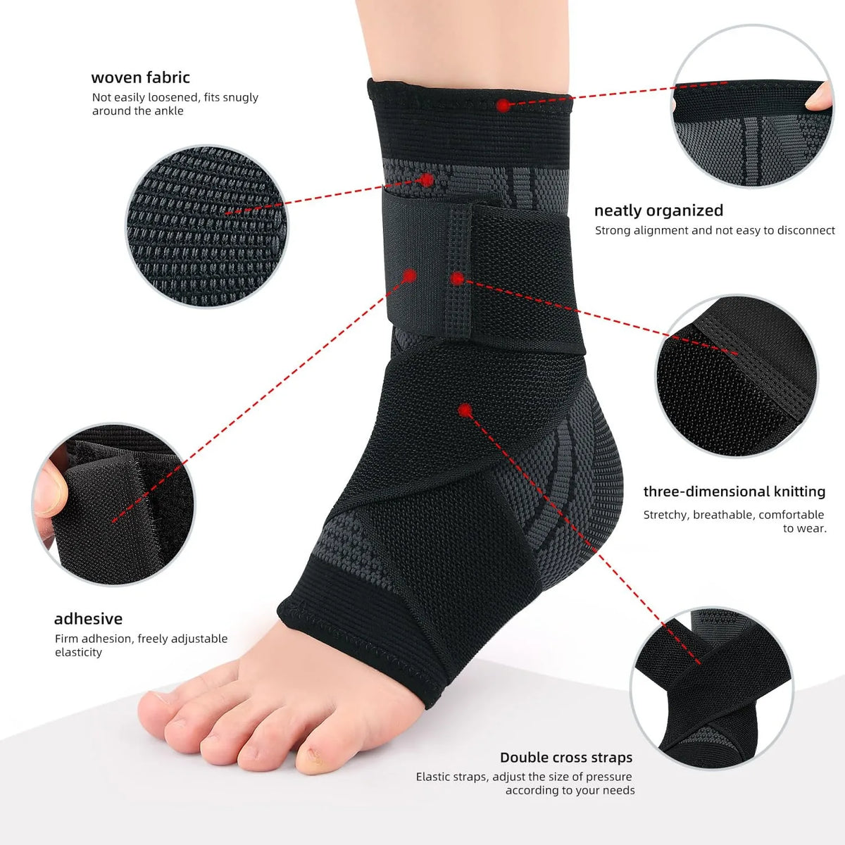 Black woven fabric ankle compression brace with adhesive strips and cross straps for foot support