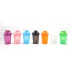 A row of eight plastic portable protein shaker bottles in various colors including purple, pink, blue, black, orange, and gre