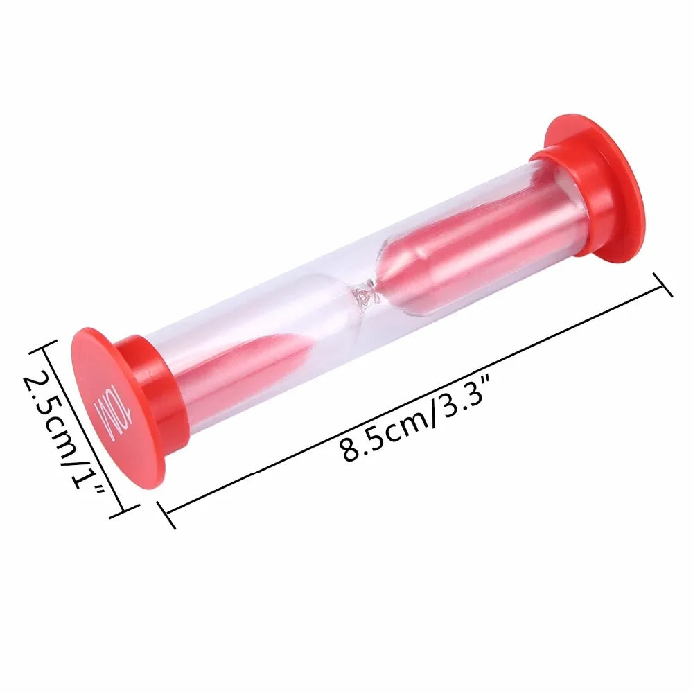 A set of six colorful sand timer hourglasses with red and clear glass bodies shown against a white background.