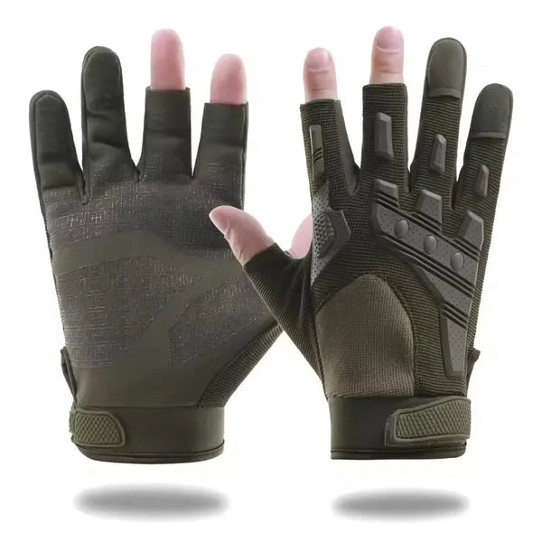 A pair of dark olive tactical anti-slip outdoor gloves shown against a white background.