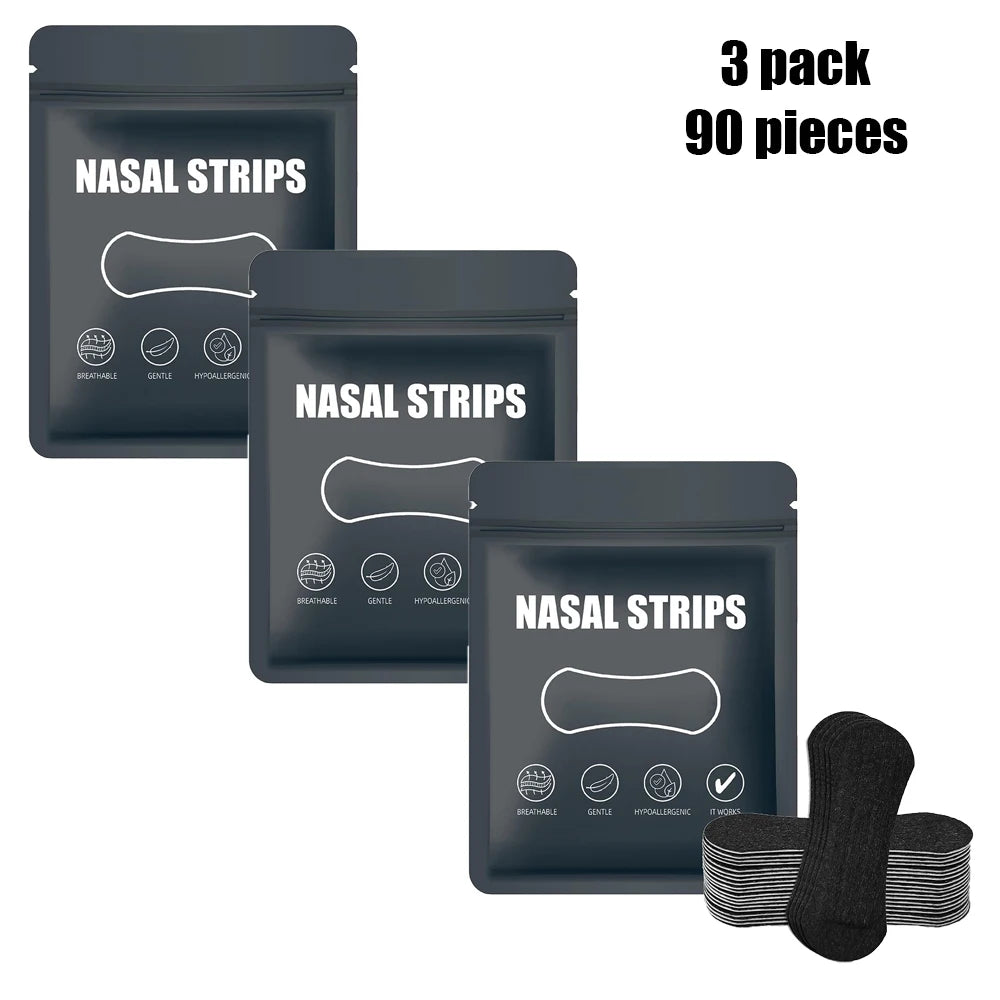 Drei Packungen Nasenstrips zur verbesserten Atmung, mit Produktverpackung und Anweisungen.