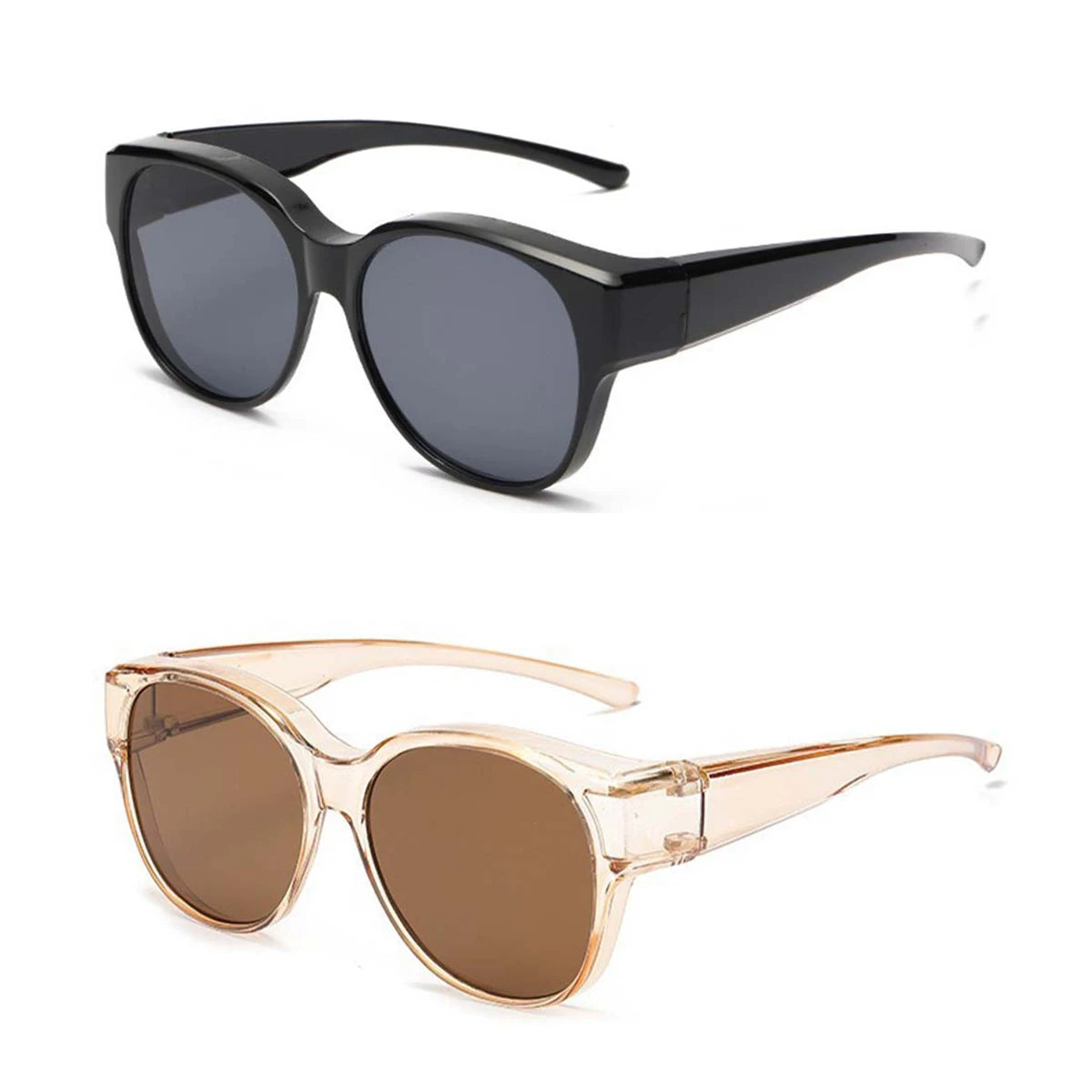A pair of oversized polarized sunglasses with dark gray frames and tinted lenses.