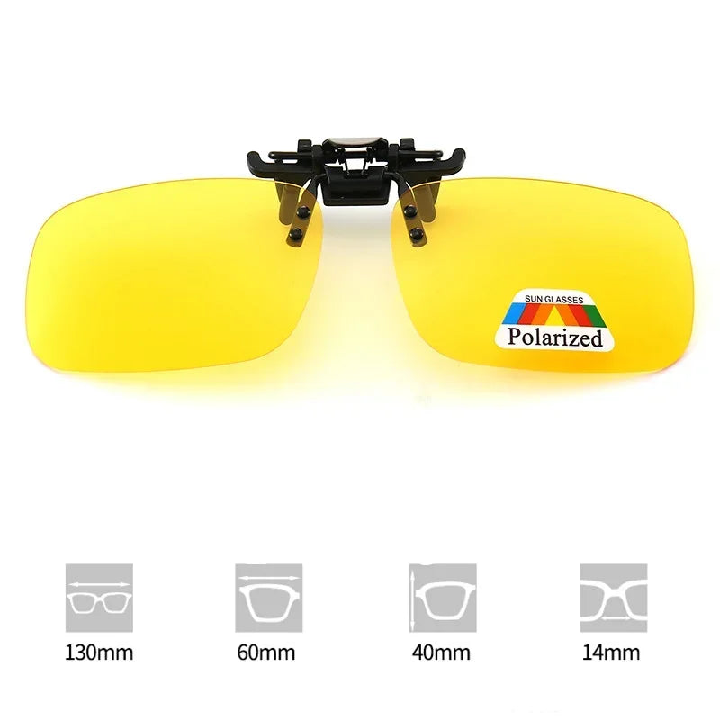 Yellow polarized driving sunglasses with black frame and various lens sizes shown.