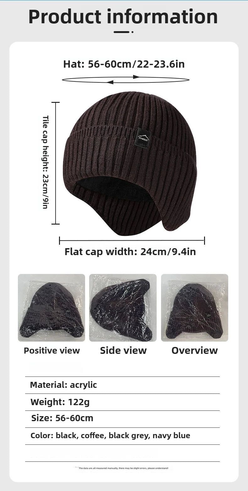 A black knitted winter hat shown in positive, side, and overview views.