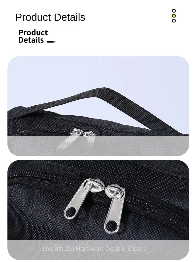 Close-up of smooth zip hardware double sliders on a black fabric shoe carrier bag