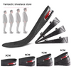 Un ensemble de semelles et inserts de chaussures noires pour augmenter la hauteur, présentés en différentes épaisseurs.