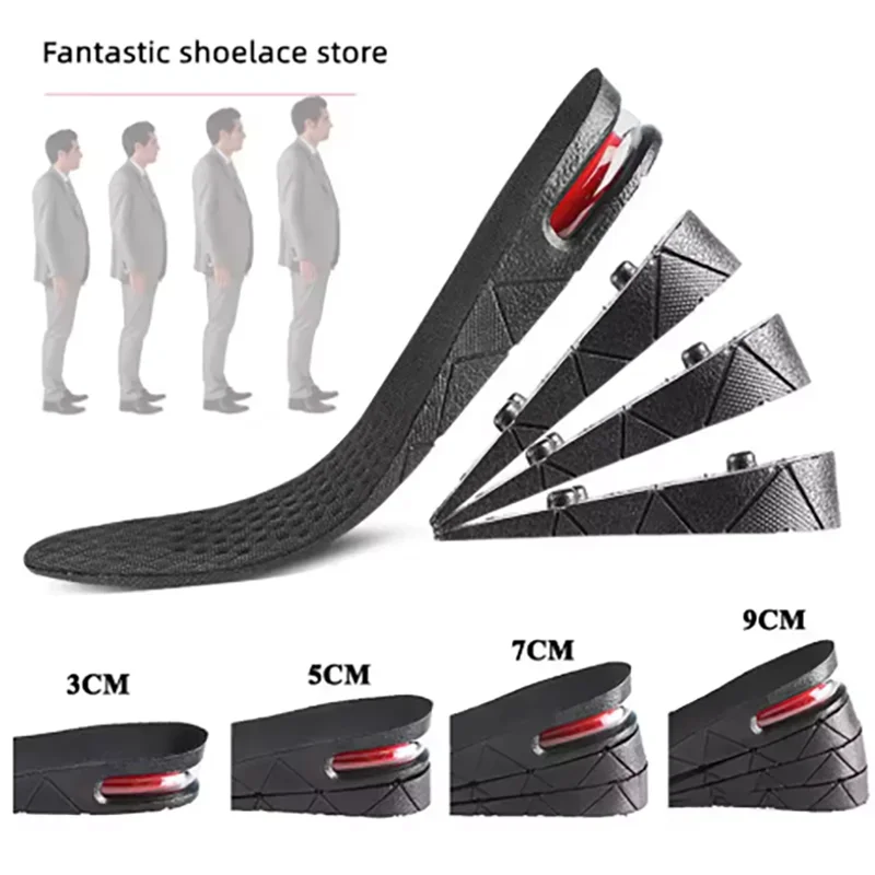 Un ensemble de semelles et inserts de chaussures noires pour augmenter la hauteur, présentés en différentes épaisseurs.