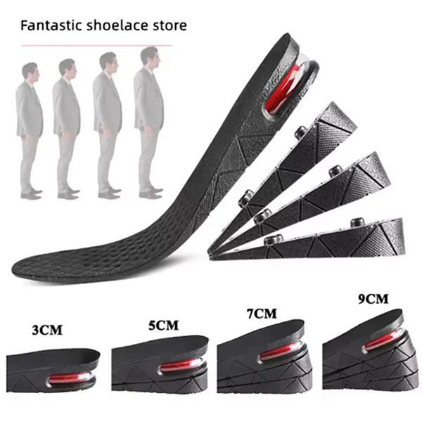 A set of black shoe insoles and inserts for increasing height, shown in various thicknesses.