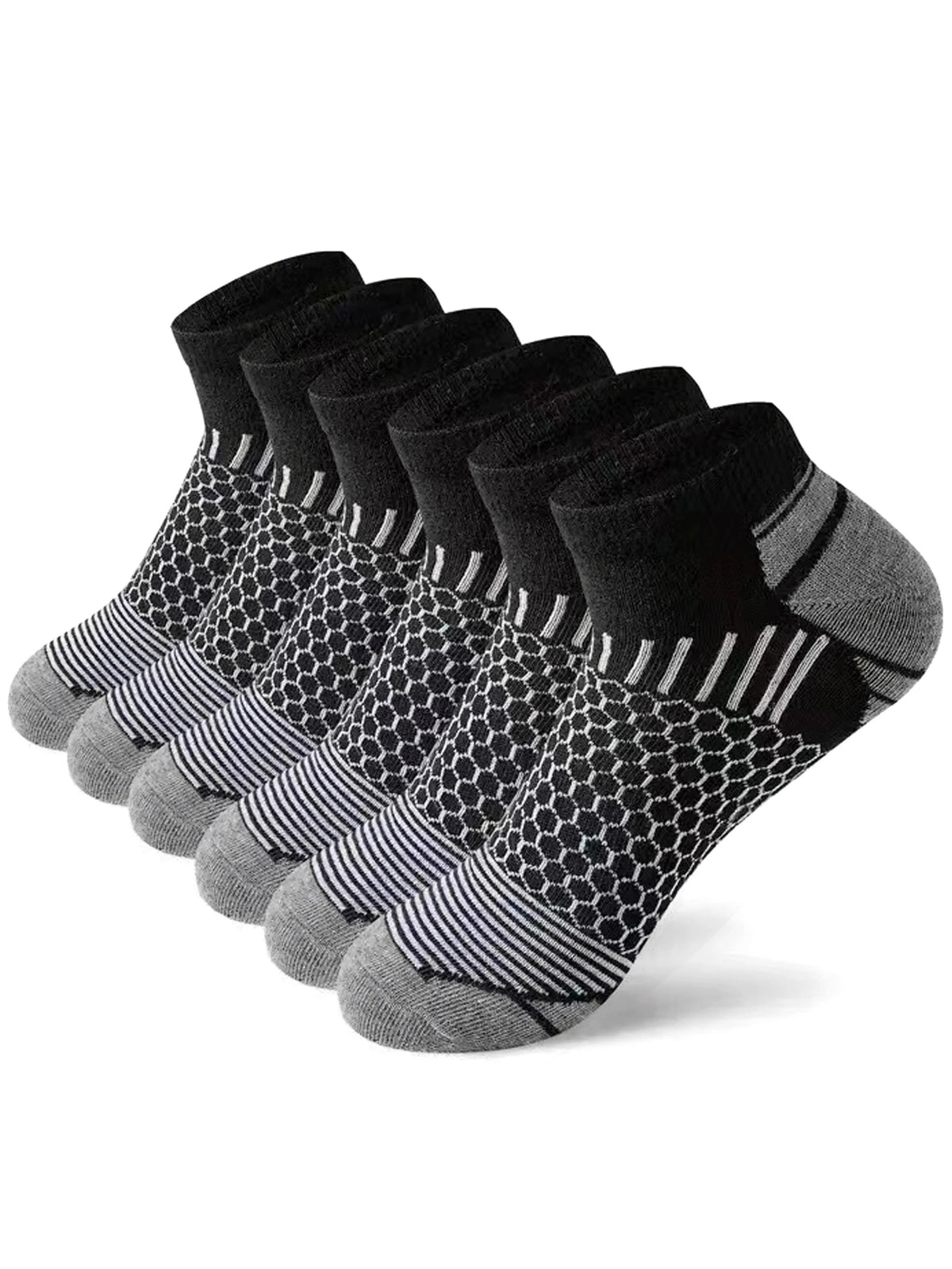 A stack of black and gray athletic knit ankle socks for men displayed on a white background.