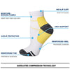 White compression socks with yellow accents and black detailing, designed for arch support and heel cushioning.