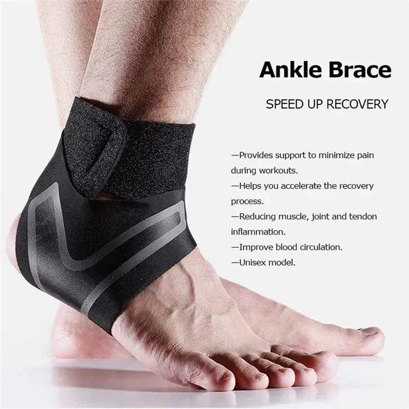 Black ankle brace compression sleeve worn on a foot, designed to speed up recovery.
