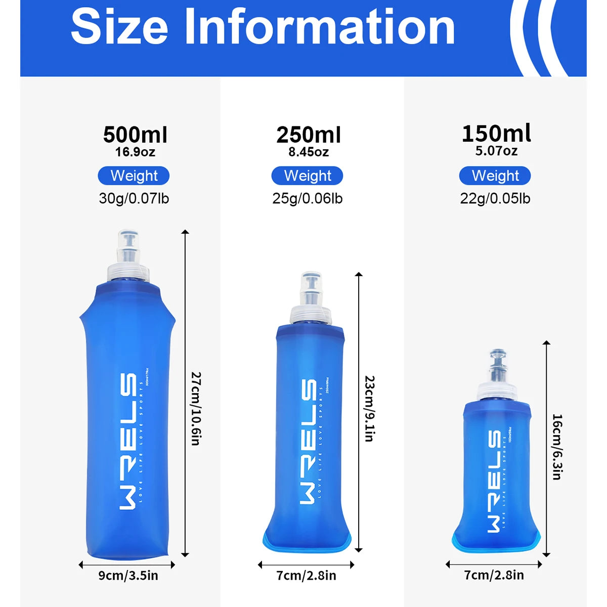 Three sizes of blue silicone water bottles shown side by side with dimensions and weight information