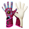 A pair of high-performance goalkeeper gloves featuring a black, pink, and blue striped design.