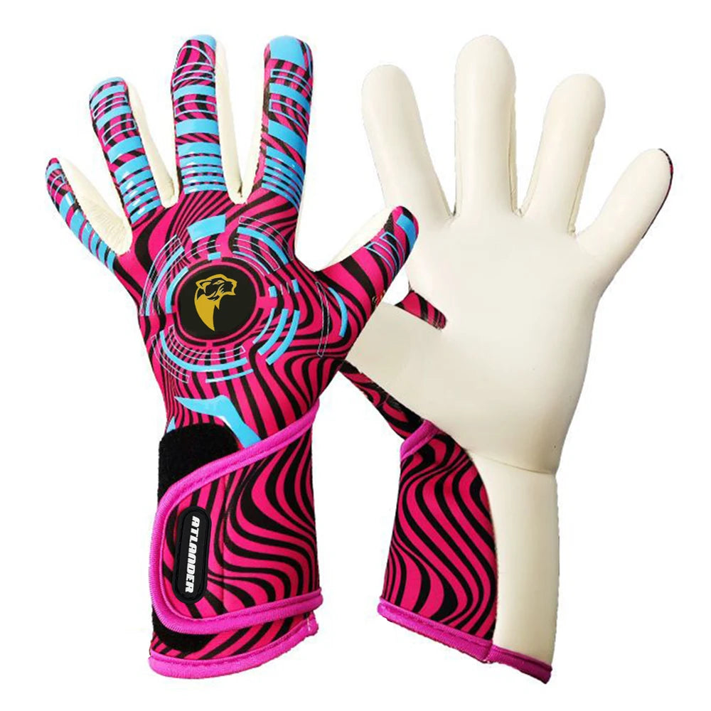 A pair of high-performance goalkeeper gloves featuring a black, pink, and blue striped design.
