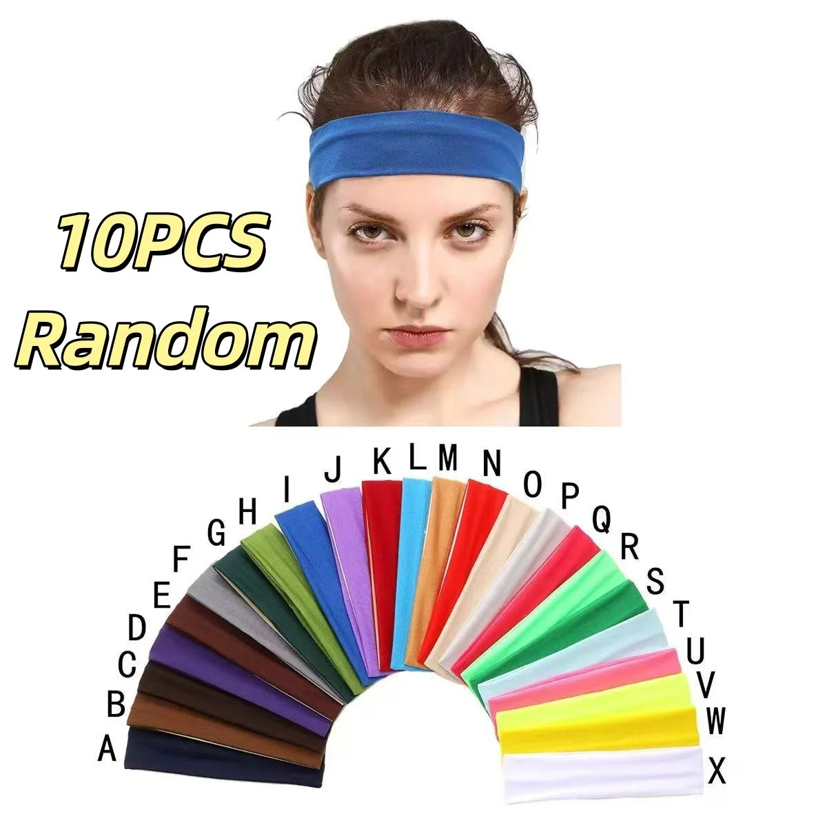 A variety of colorful stretchable cotton sweat absorbing headbands displayed in an arc.