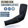 Black second skin sun arm sleeves shown with icons for seamless comfort, sun protection, and cooling effect