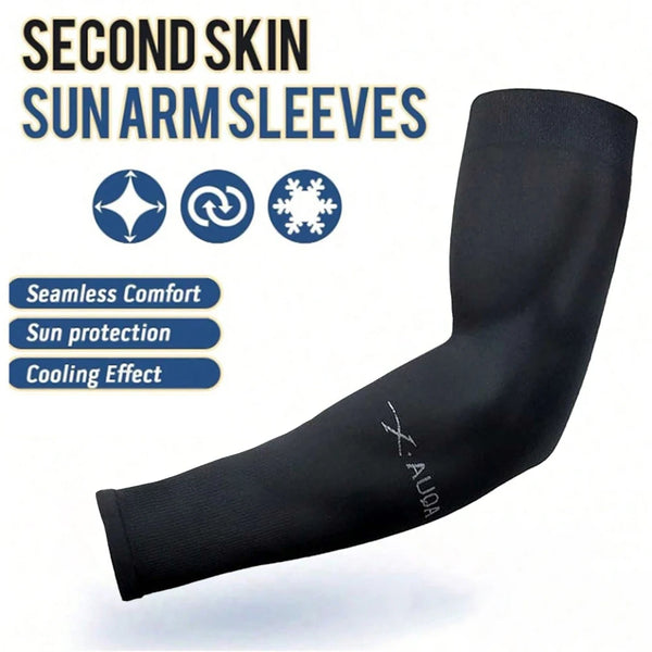 Schwarze Second-Skin-Sonnenschutzärmel mit Symbolen für nahtlosen Komfort, Sonnenschutz und kühlende Wirkung