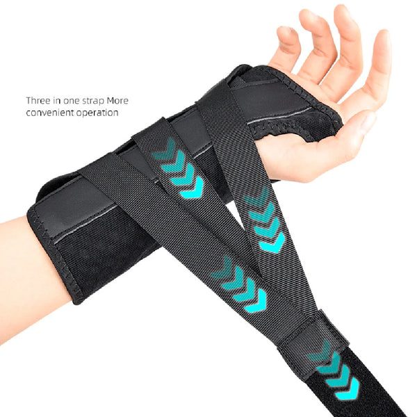 Black wrist brace with dual teal metal splints worn on a hand for carpal tunnel relief.