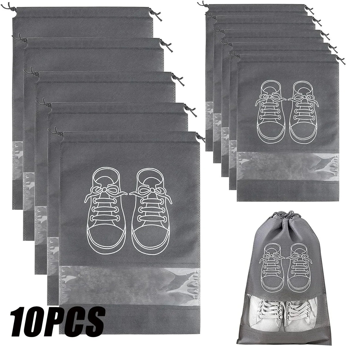 Ten reusable non-woven shoe storage bags in gray showing various styles of shoes.