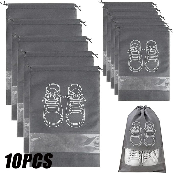 Ten reusable non-woven shoe storage bags in gray showing various styles of shoes.