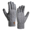 Gray knitted touchscreen fleece winter gloves for men shown from the palm side