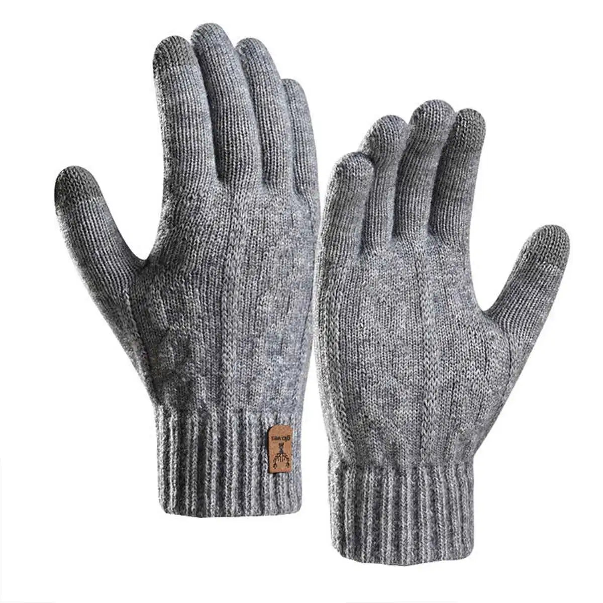 Gray knitted touchscreen fleece winter gloves for men shown from the palm side