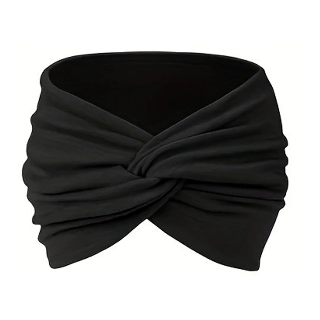 Black adjustable sports headband wrapped around the head